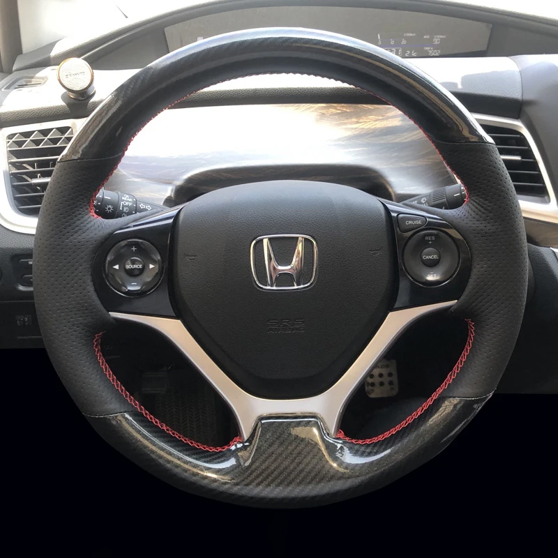 Für Honda Civic Civic 9 2012 2013 2014 2015 DIY handgenähte schwarze Echtleder-Carbonfaser-Autolenkradabdeckung Image