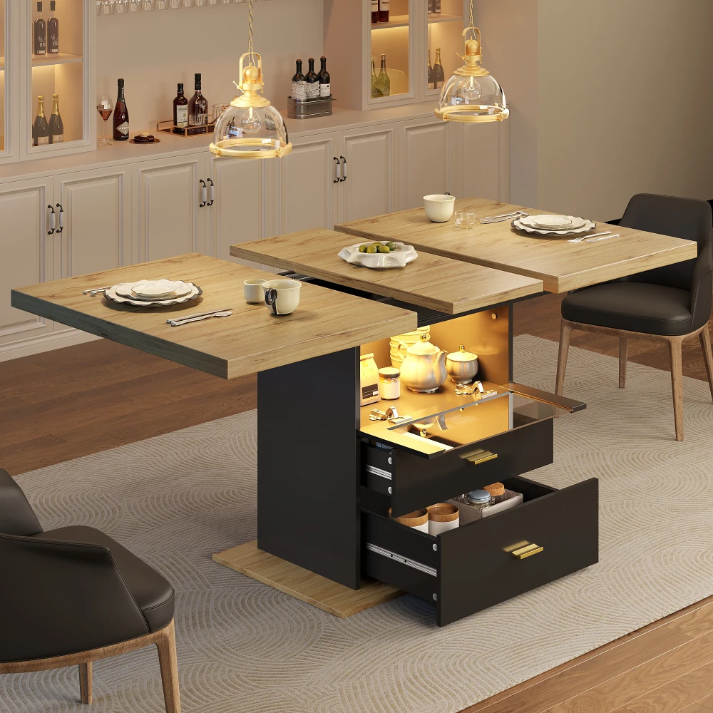 110 x 80 x 75 cm ausziehbarer Esstisch, mit LED-Beleuchtung, Esstisch ausziehbar aus Holz bis 140 cm, Platz für bis zu 6 Personen