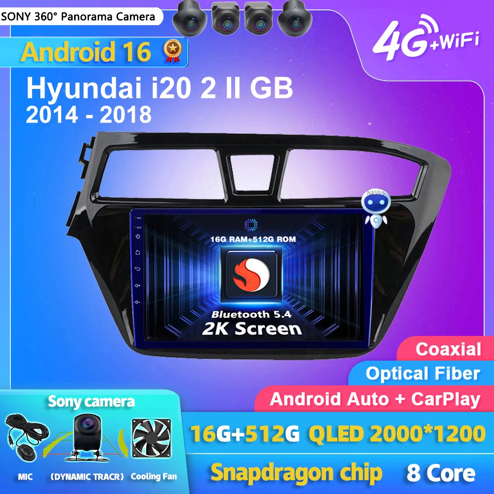 Qualcomm Android 16 Carplay Auto-Bildschirm Autoradio Multimedia-Videoplayer für Hyundai i20 2 II GB 2014 - 2018 Autoradio Stereo Image