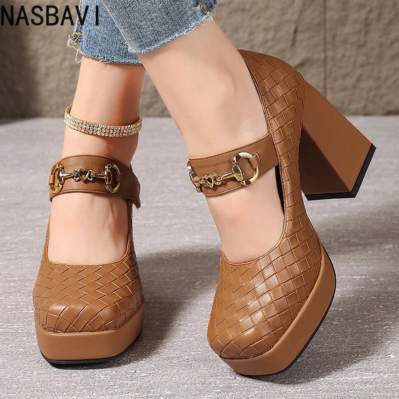 NASBAVI Size 43 Black Genuine Leather Shoes Shallow Platform Pumps Women 2025 Block High Heels Mary Jannes for Office Model Mom