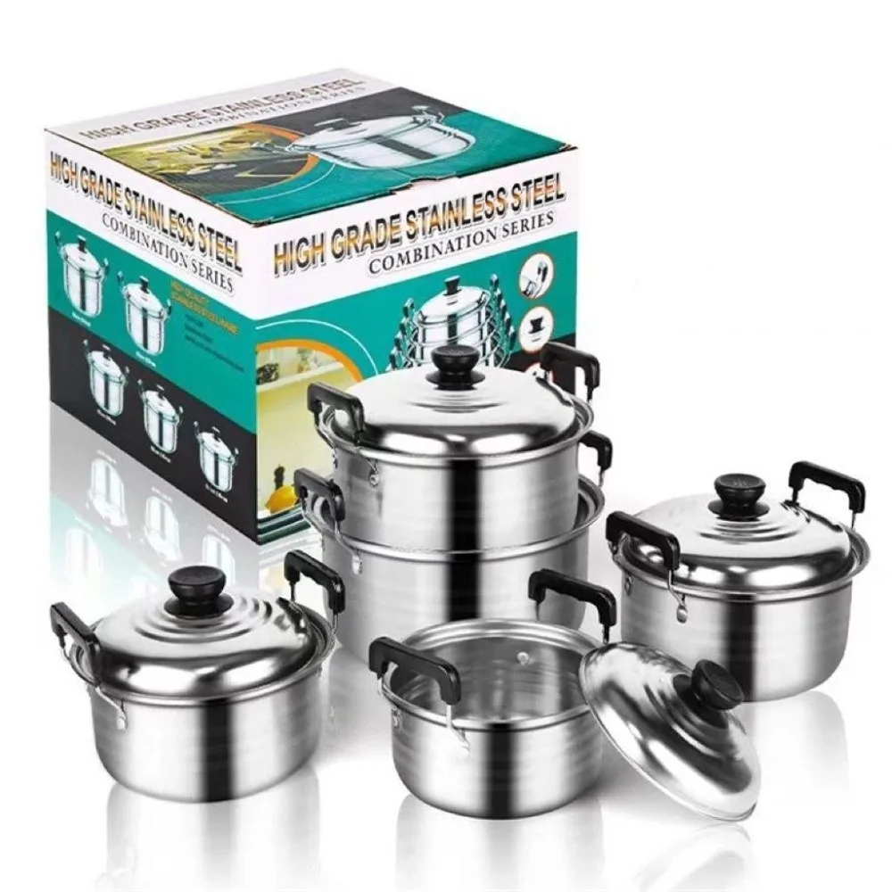 Set di pentole in acciaio inossidabile da 5 pezzi con coperchio Serie combinata Pentole americane Set di pentole da 16-24 cm Pentola per zuppa approfondita