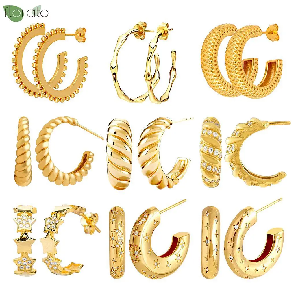 925 Sterling Silber Nadel Retro Gold Farbe C-förmigen Große Ohrringe für Damen 2024 Neue Ohrstecker Party Luxus schmuck Geschenk