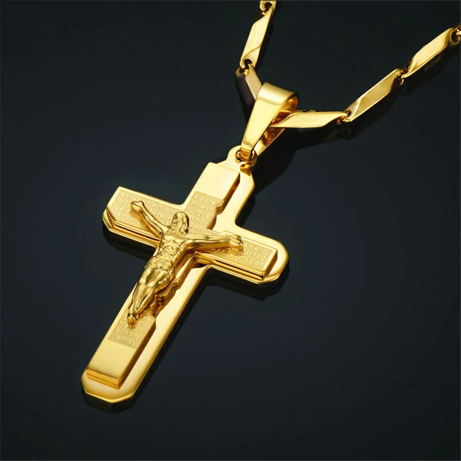 Religiöse Bibel Jesus Kreuz Anhänger Männlich Gold Farbe Edelstahl Große Kruzifix Halskette für Männer Christian Schmuck Geschenk 2025 Image