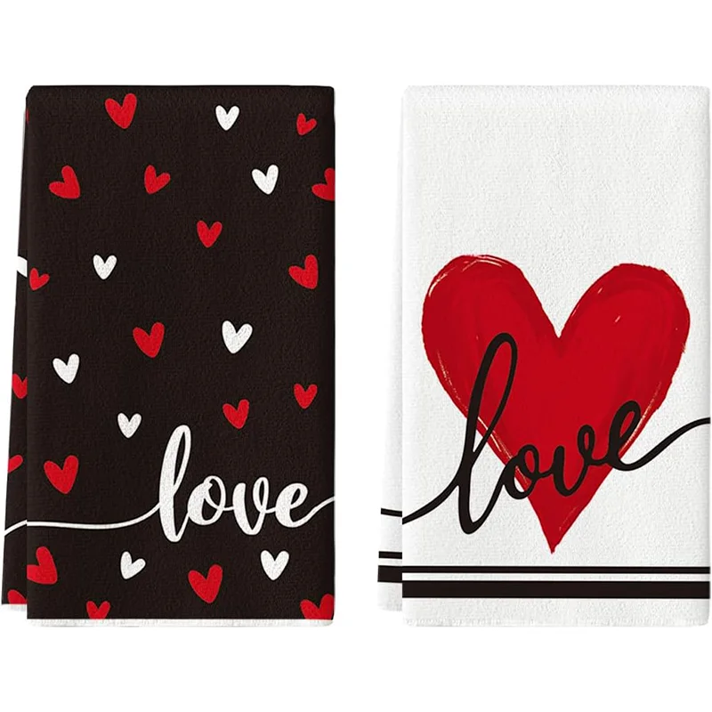 2 Stück, Valentinstag-Küchenhandtücher mit schwarzen Hintergrund und roten Herzen, 40 cm x 60 cm Handtuch-Set, super saugfähiges weiches Reinigungstuch, Koch- und Backhandtuch, Handtuch, Image