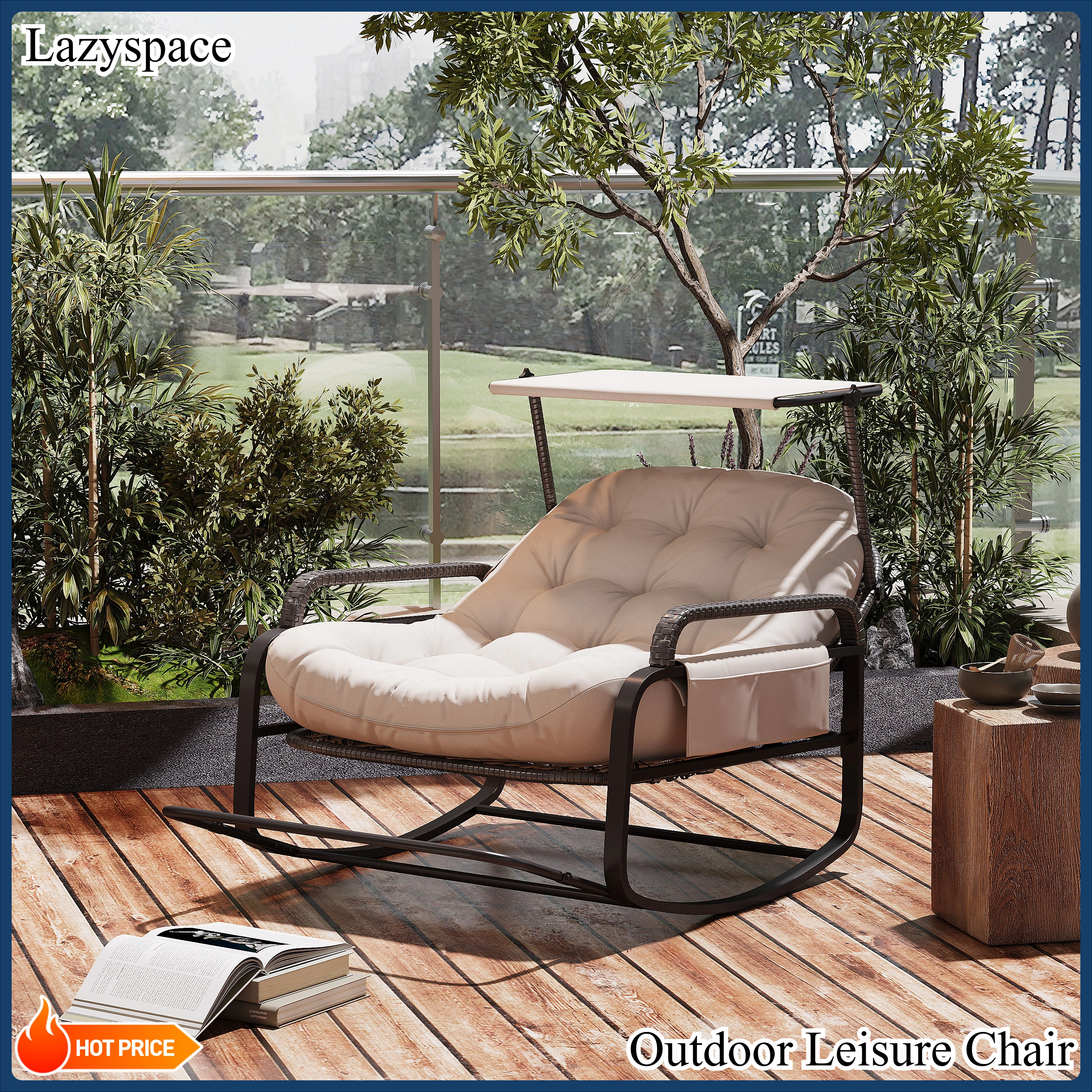 Lazyspace Lounge Chair, Sonnenliege, verstellbare Markise und Rückenlehne, mit klappbarem Pedal und seitlicher Aufbewahrungstasche, für Garten, Balkon Image