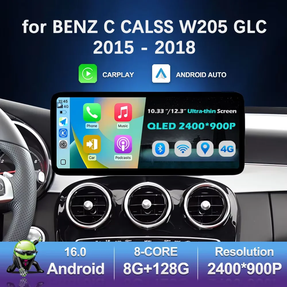 Android 16 Intelligentes System für BENZ C-KLASSE W205 GLC 2015 - 2018 Auto-Video-Multimedia-Player GPS-Navigation QLED HD-Bildschirm BT Image