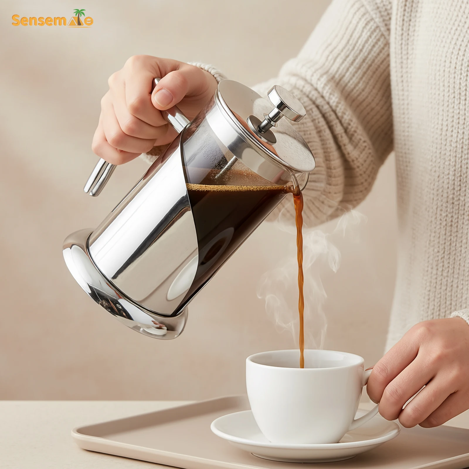 1000ml French Press Kaffeekanne aus Edelstahl und Glas, Tragbare Tee- und Kaffee-Presskanne, Hitzebeständiger Brühkessel Image