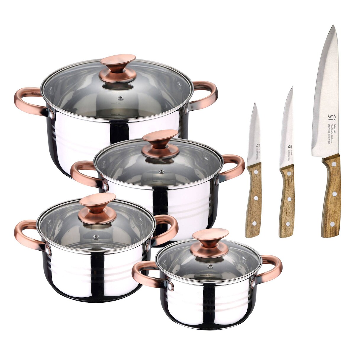 BERGNER - NONA 8-teiliges Kochgeschirr-Set (16/18/20/24cm) aus Edelstahl, geeignet für Induktionskochfelder, mit einem Set aus 3 Edelstahlmessern Image