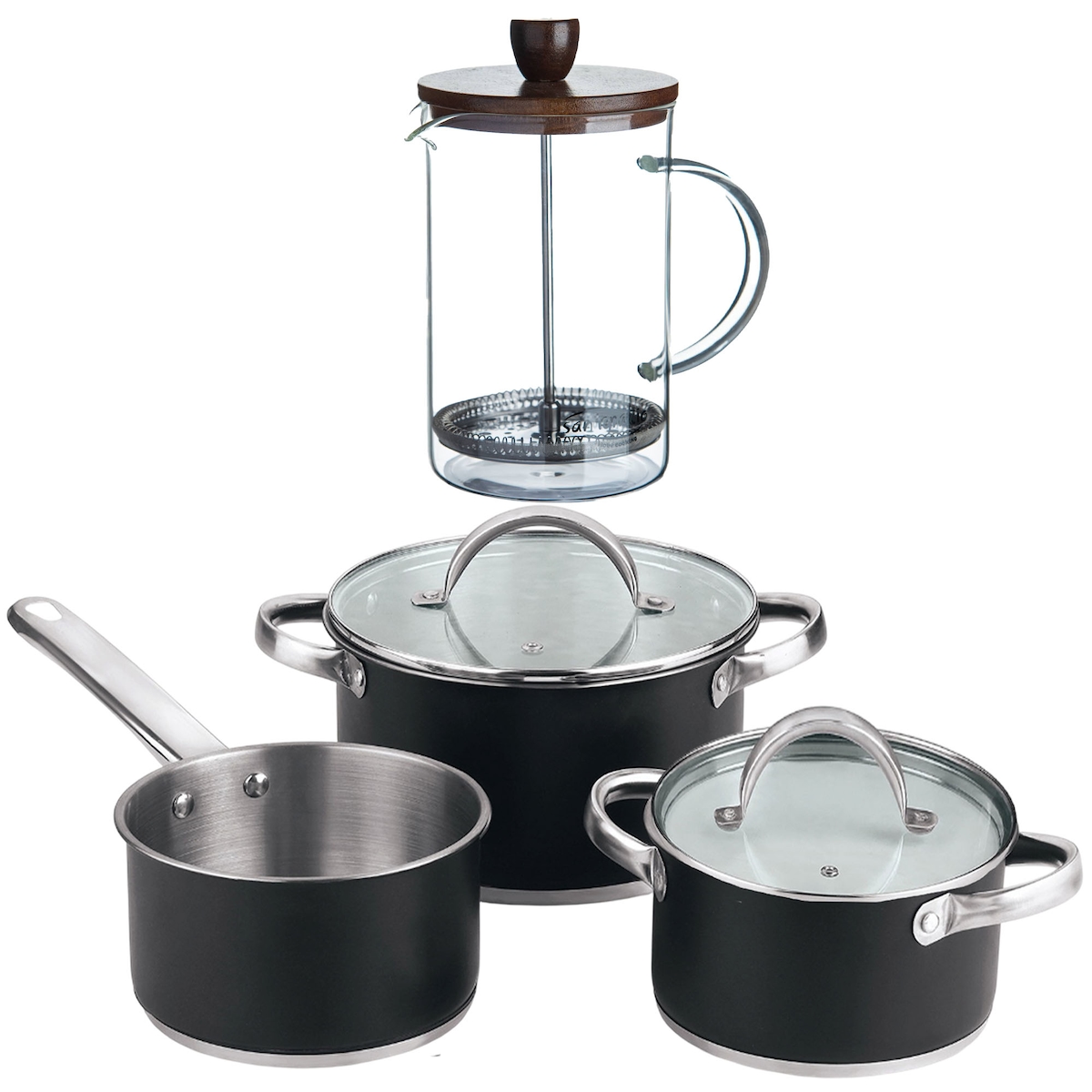 BERGNER - 5-teiliges Edelstahl-Kochgeschirrset (16/18/20cm)für Induktion mit French-Press-Kaffeekanne aus Borosilikatglas (15,8×10×18,8 cm) Image