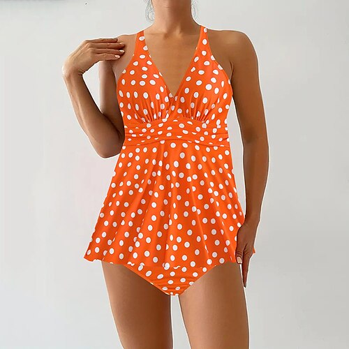 Damen Badeanzug Zweiteilig Shorts Bademode Rückenfrei Urlaub Strandbekleidung Tupfen V Ausschnitt Ärmellos Badeanzüge Image