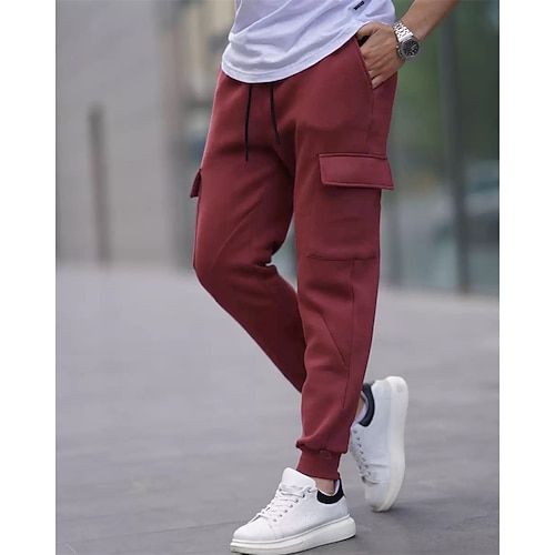 Herren Cargo-Jogginghose Jogginghose Fleecehose Hose Winterhose Kordelzug Tasche Elastischer Bund Einfach Komfort Warm Outdoor Täglich Ausgehen Mode Lässig Schwarz Weiß Mikroelastisch Image