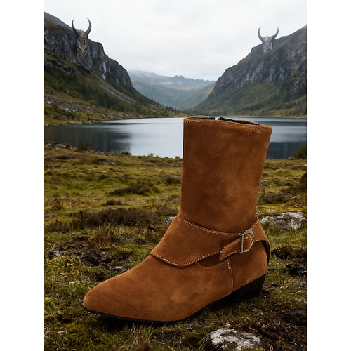 Braune Vintage-Stiefeletten aus Wildleder im mittelalterlichen Stil mit Schnallendetail für Damen – perfekt für Freizeit und Outdoor-Aktivitäten, Herbst und Winter Image