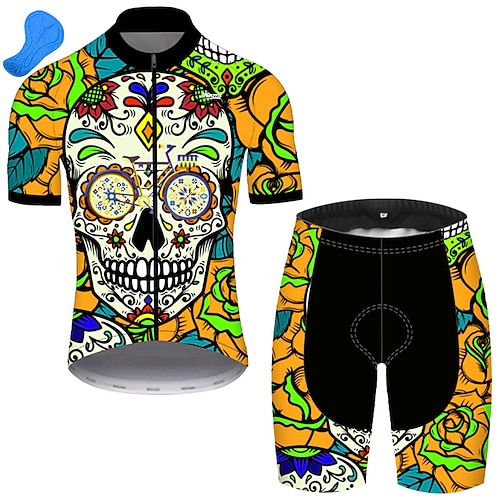 21Grams Herren Radtrikot mit Radhose fahrradbekleidung set Kurzarm MTB Mountain Rennrad Grün Blau Grün gelb Totenkopf Motiv Zuckerschädel Blumen Pflanzen Fahhrad Sportkleidung 3D-Pad Image