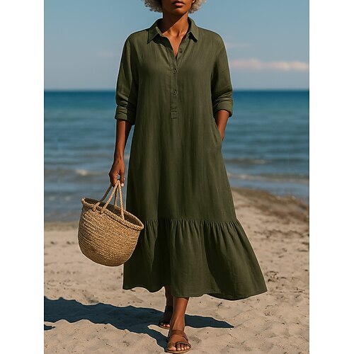 Damen Midikleid A Linie Kleid Urlaub Lässig Boho Täglich Ferien Lässiger Schnitt Einfach Langarm Revers Blau Dunkelgrün Schwarz Hellgrün Sommer Herbst Image