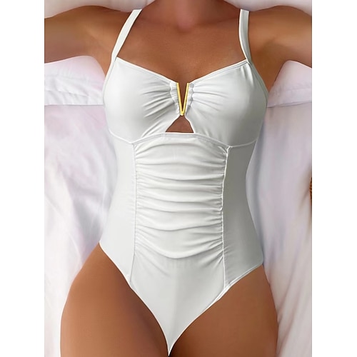 Einteiliger Damenbadeanzug Slimming Rüschen Sexy Cutout Unterwäschenteil Monokini Hoher Schnitt Bauchkontrolle Hohe Taille Slim Rückfrei Elegant Urlaub Einfarbig V-Ausschnitt Ärmellos Badeanzüge Image