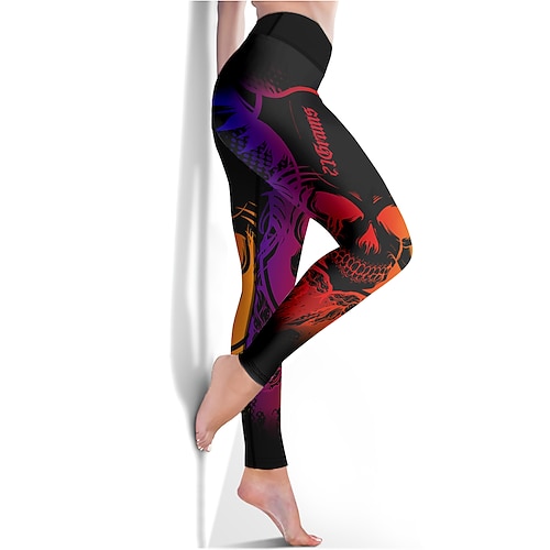 Damen Sport Leggings Gym Sport leggings Yogahose Elasthan Purpur Kurz geschnittene Leggings Totenkopf Motiv Bauchkontrolle Kolbenheber Kleidung Yoga Fitness Fitnesstraining Laufen / Hochelastisch Image