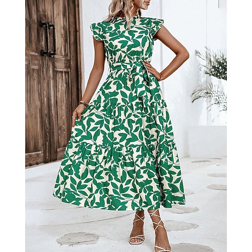 Damen Midikleid Freizeitkleid Druckkleid Elegant Mode Modern Täglich Ferien Ausgehen Normale Passform Grafik Ärmellos Stehkragen Orange Braun Grün Dunkelblau Sommer Image