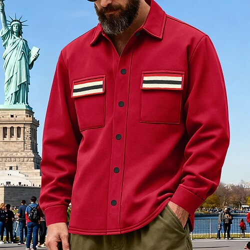 Herren Leichte Jacke Hemdjacke Freizeitjacke Jacke-Shirt Outdoor Straße Tasche Knöpfe Herbst Winter Farbblock Streetwear Täglich Umlegekragen Regulär Kamel Dunkelgrau Schwarz Rote Hellgrau Jacken Image
