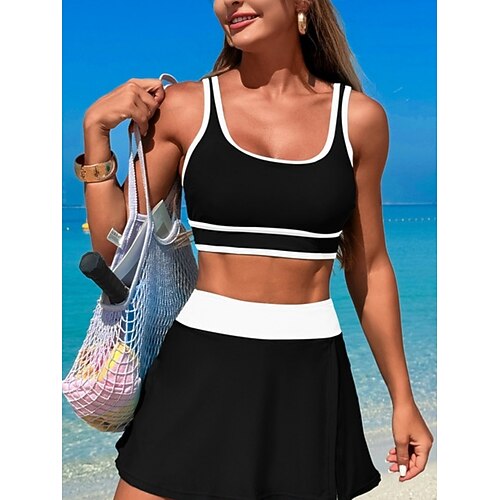 Damen Tankini 2-teilig Badeanzug Farbblock Shorts Bauchkontrolle Hohe Taille Slim Rückenfrei Urlaub Strandbekleidung Blumen U-Ausschnitt Ärmellose Bademode Image