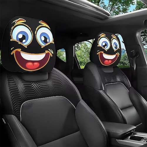 2er-Set Auto-Kopfstützenbezüge mit Cartoon-Gesichtern und großen Augen, Innenausstattung, universell passend, waschbar, einfach zu montieren, ideal für lange Fahrten oder Roadtrips, perfekte, Image