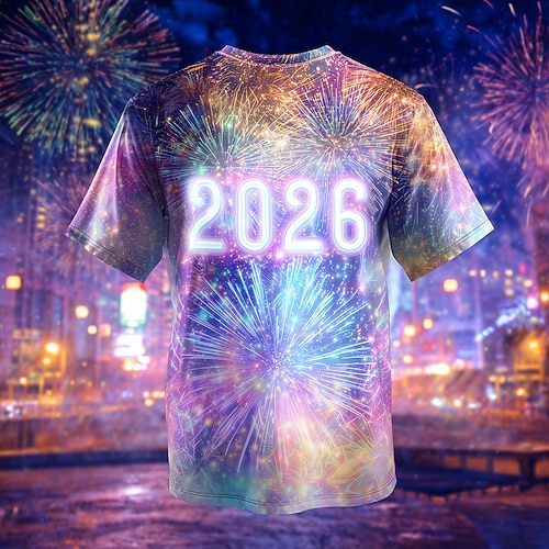 Neujahr Herren glückliches neues Jahr 2026 T Shirt Kurzarm T-Shirt 3D-Druck Rundhalsausschnitt Hemd Mode Übertrieben Designer Club Party Straße Blau 2# Blau 1# Purpur Sommer Frühling Herbst Bekleidung Image