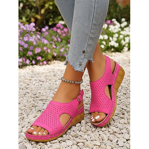 Rosafarbene, perforierte Keilsandalen für Damen – bequeme, offene Plateau-Sommerschuhe mit Schnallenriemen für Strand, Reisen und Freizeit Image