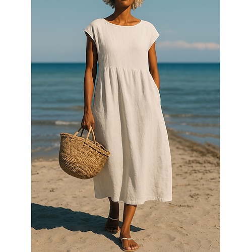 Damen Midikleid A Linie Kleid Sommerkleid Urlaub Lässig Boho Täglich Lässiger Schnitt Einfach Kurzarm Rundhalsausschnitt U-Boot-Ausschnitt Blau Schwarz Dunkelrot Hellgrün Sommer Image