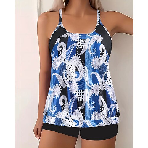 Damen Badeanzug Zweiteilig Shorts Bademode Rückenfrei Urlaub Strandbekleidung Blumen U-Ausschnitt Ärmellos Badeanzüge Image