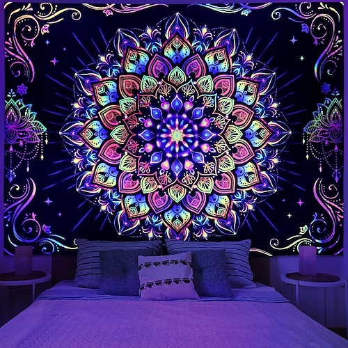 Schwarzlicht-Mandala-Wandteppich, UV-reaktiver psychedelischer Neon-Wandteppich, Hippie-, indischer, bohemischer Wandteppich, ästhetischer Blumenwandteppich, Wandbehang fürs Schlafzimmer Image