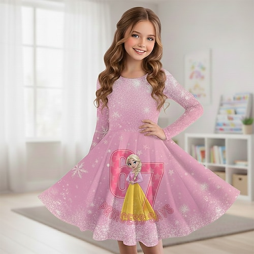 Mädchen' 3D Grafik Cartoon 67 Kleid Langarm 3D-Druck Frühling Herbst Leistung Urlaub Party Lässig Prinzessin Schön Kinder 4-12 Jahre Freizeitkleid A Linie Kleid Knielang Normale Passform Image