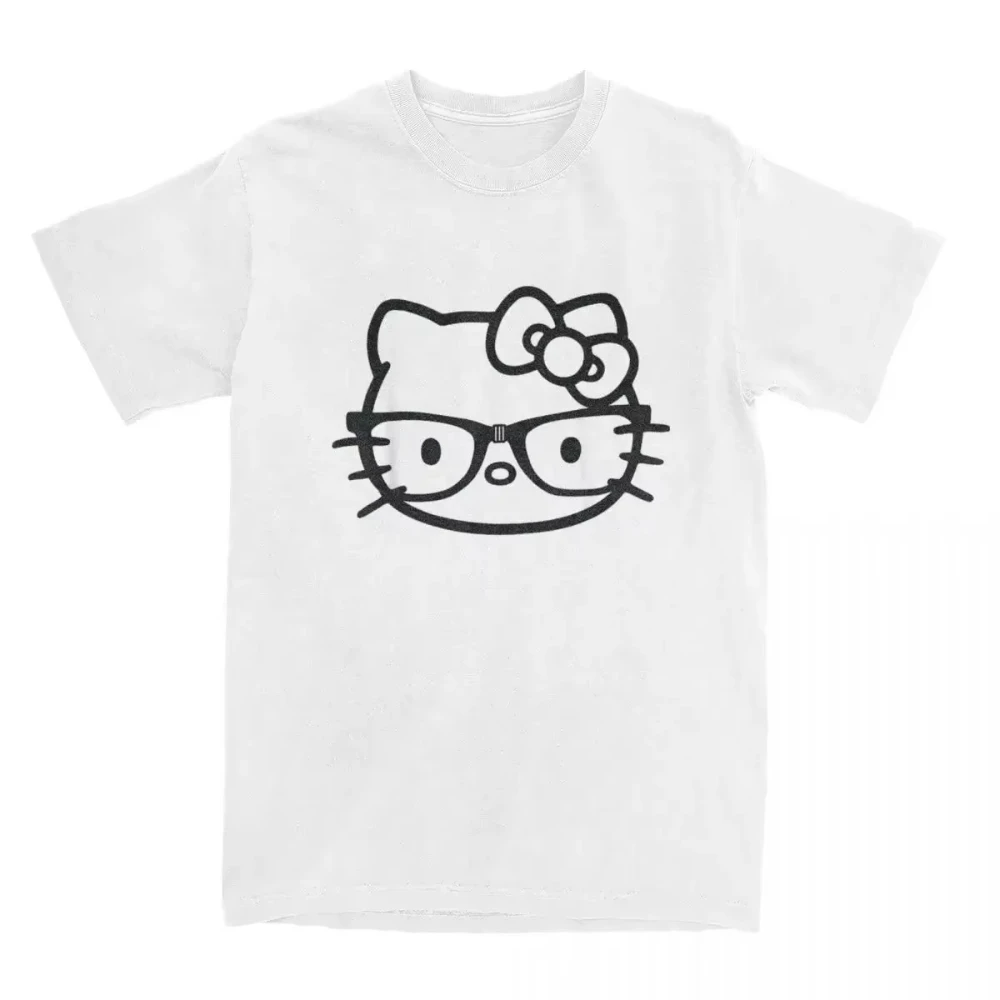 MINISO Hello Kitty Schwarz-Weiß-Nerd-Brillen-T-Shirts für Herren und Damen, Baumwolle, Herren-T-Shirts, Rundhalsausschnitt, kurzärmelig, lässige Oberteile