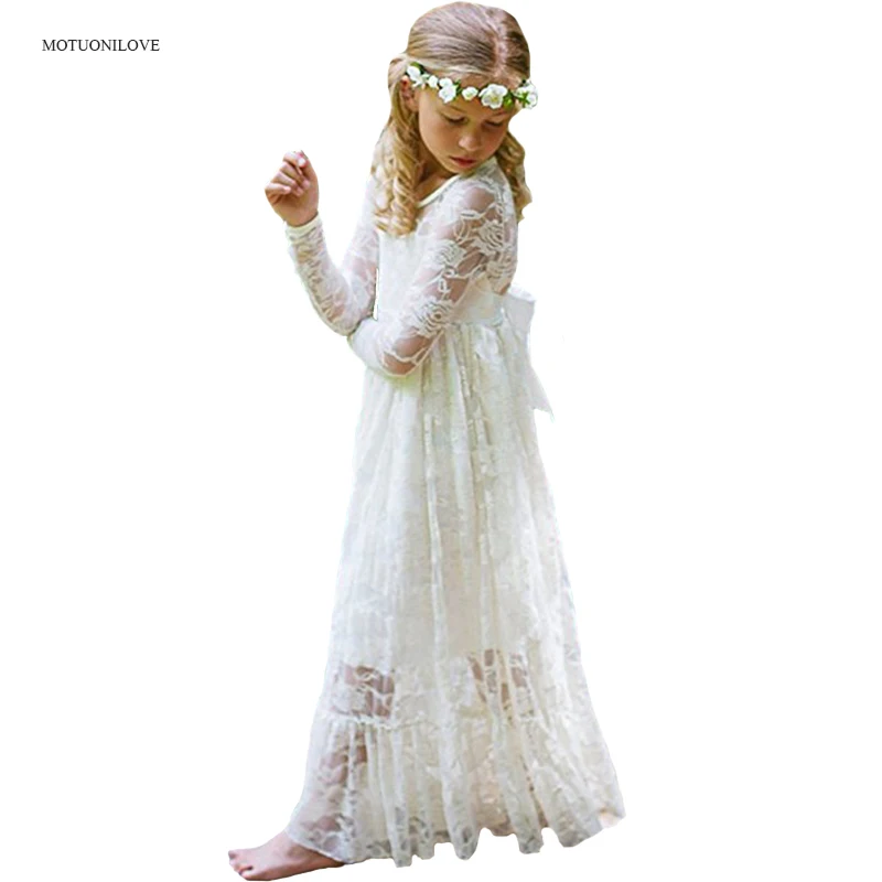 Lange Ärmel Spitze Strand Teenager Kinder Kleidung lange Prinzessin Kleider Kinder Blumen mädchen Kleid für Hochzeits feier 2 4 6 8 10 12 Image