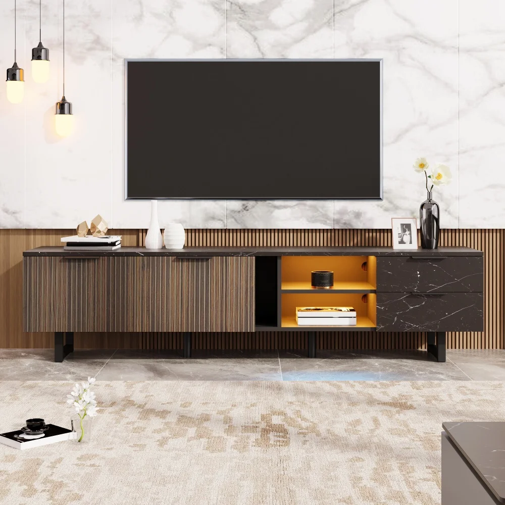 TV-Schrank, TV-Lowboard mit LED-Beleuchtung, Stauraum mit Zwei Türen und Zwei Schubladen, Schwarze Marmoroptik Image