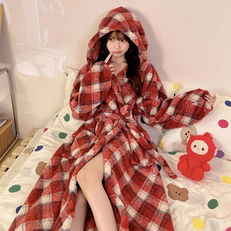 2023 Winter Langarm Mit Kapuze Dicke Warme Flanell Kimono Roben für Frauen Casual Plaid Bademäntel Nachtwäsche Nachthemd Nacht Kleid Image