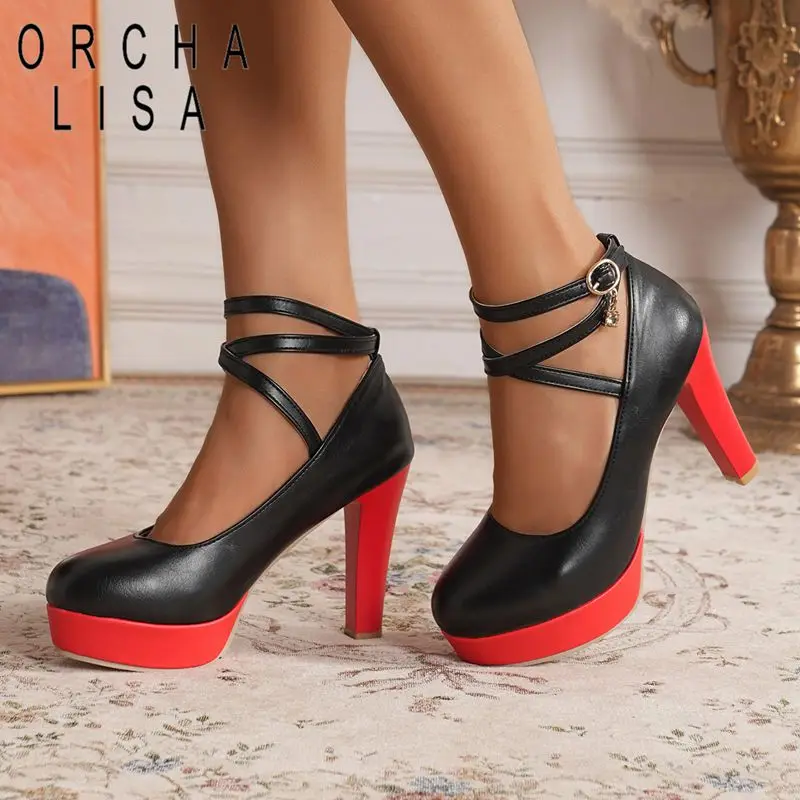 ORCHA LISA 2025 Sexy Frauen Pumpen Runde Kappe Block Heels 10 cm Plattform Schnalle Gemischte Farbe Plus Größe 40 41 42 43 Party Schuhe