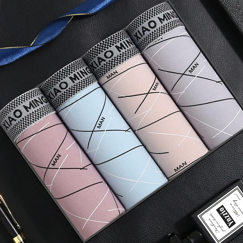 4 Stück Herren-Boxershorts mit Streifen, einfarbig, einfache Unterwäsche, atmungsaktiv, bequem, Boxershorts, mittlere Taille, Herren-Unterhose Image