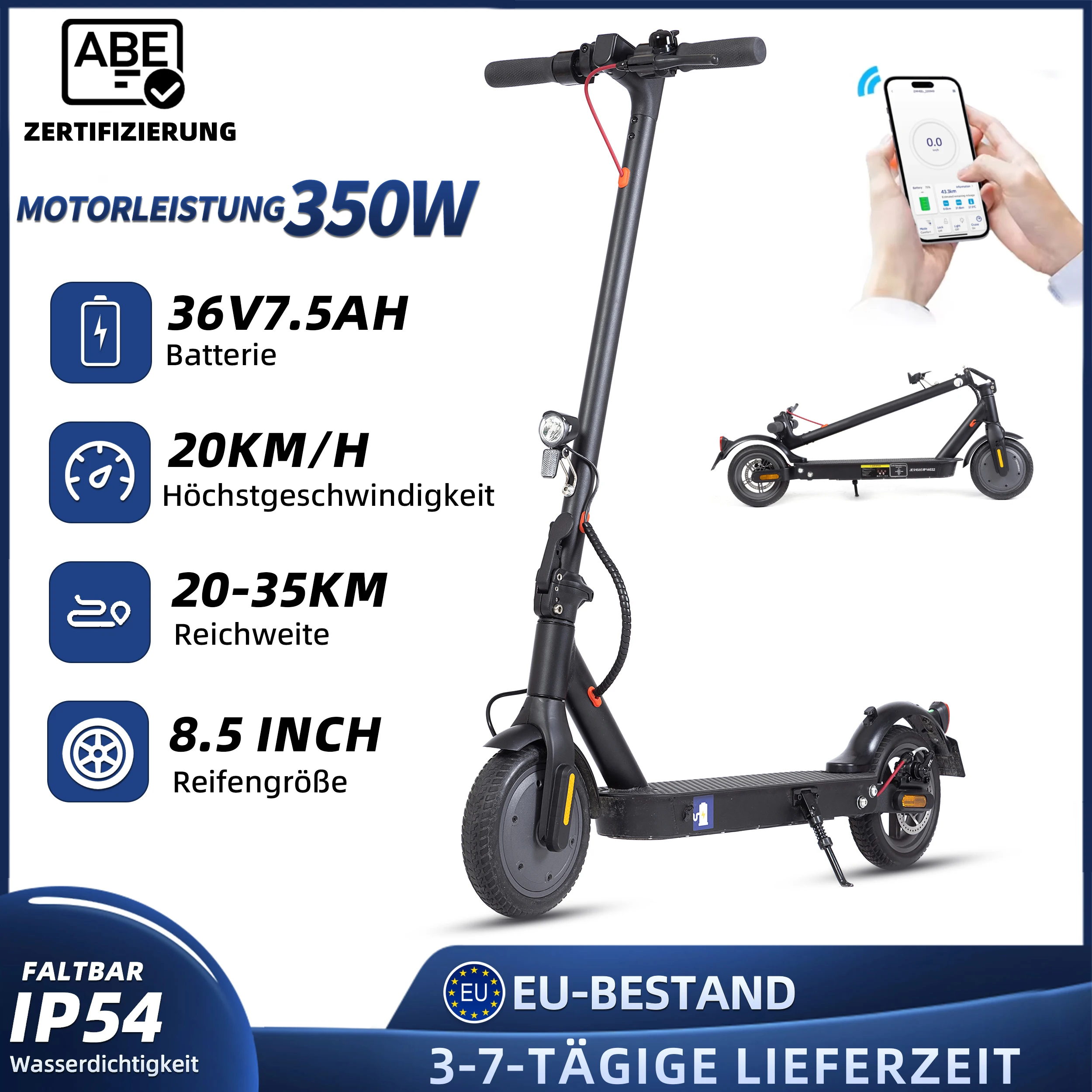 8,5-Zoll-Elektroroller für Männer und Frauen, 350 W, 36 V, 7,5 Ah, 30 km Reichweite, faltbarer E-Scooter für Erwachsene mit Doppelbremsen und LED-Anzeige, ABE Image