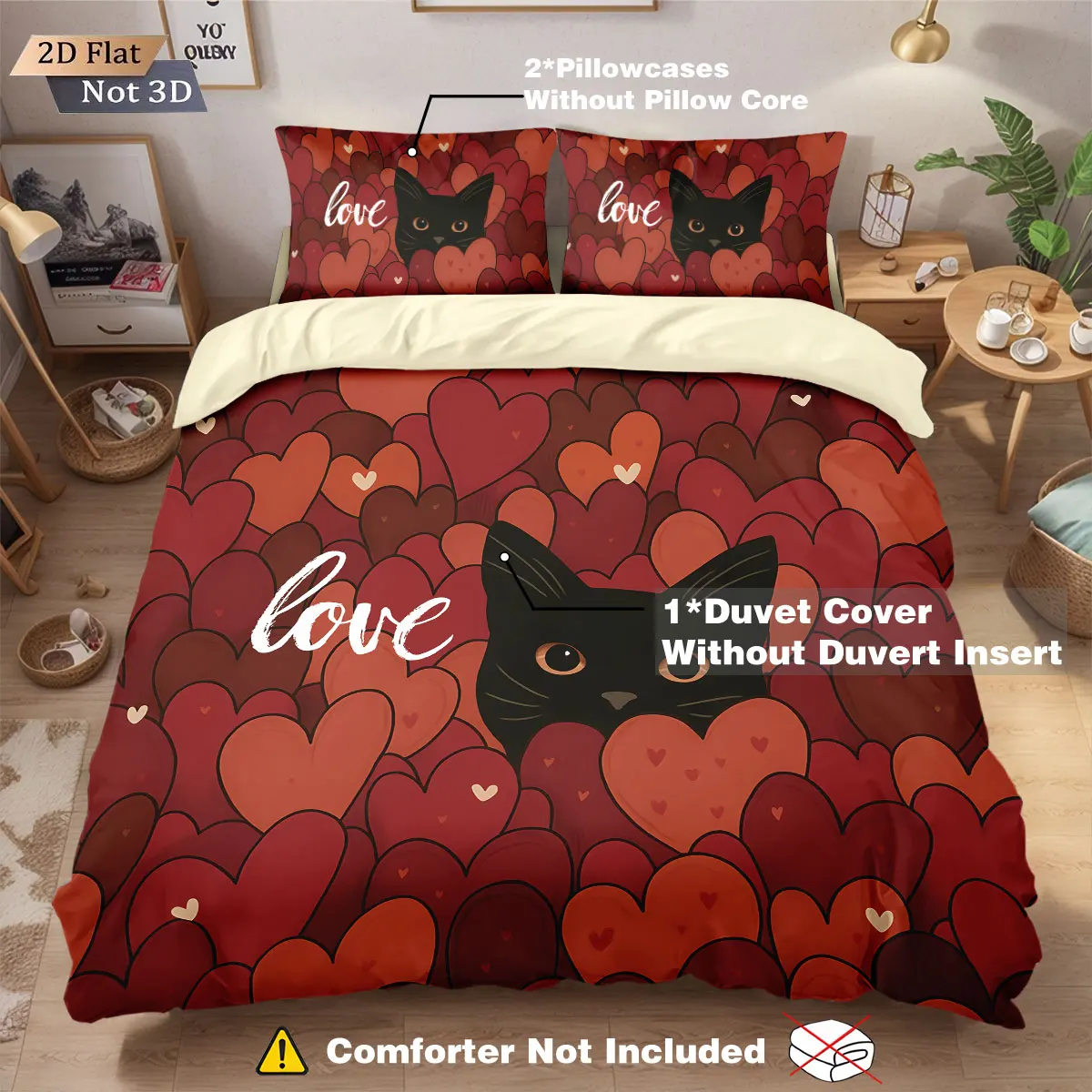 3-teiliges Bettbezug-Set mit Aufdruck „Valentinstag, glücklich, romantisch, Liebe, Katze“, Kern, weniger Daunen, Bettbezug-Set, verschiedene Größen, Schlafzimmer, Bettwäsche, Festival-Dekoration Image