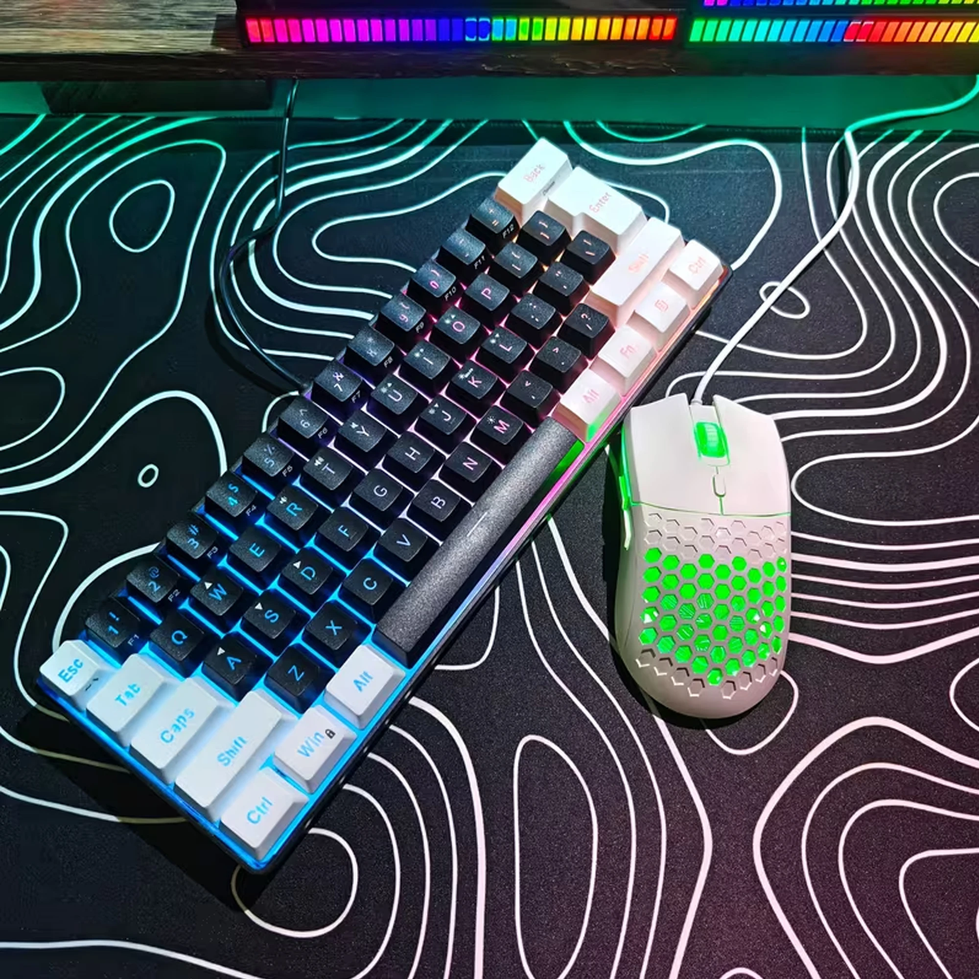 Gaming-Tastatur und Maus mit 61 Tasten, 60 % kabelgebundene RGB-Membrantastatur, optische Maus, kompakt, ergonomisch, robust, hohe Leistung Image