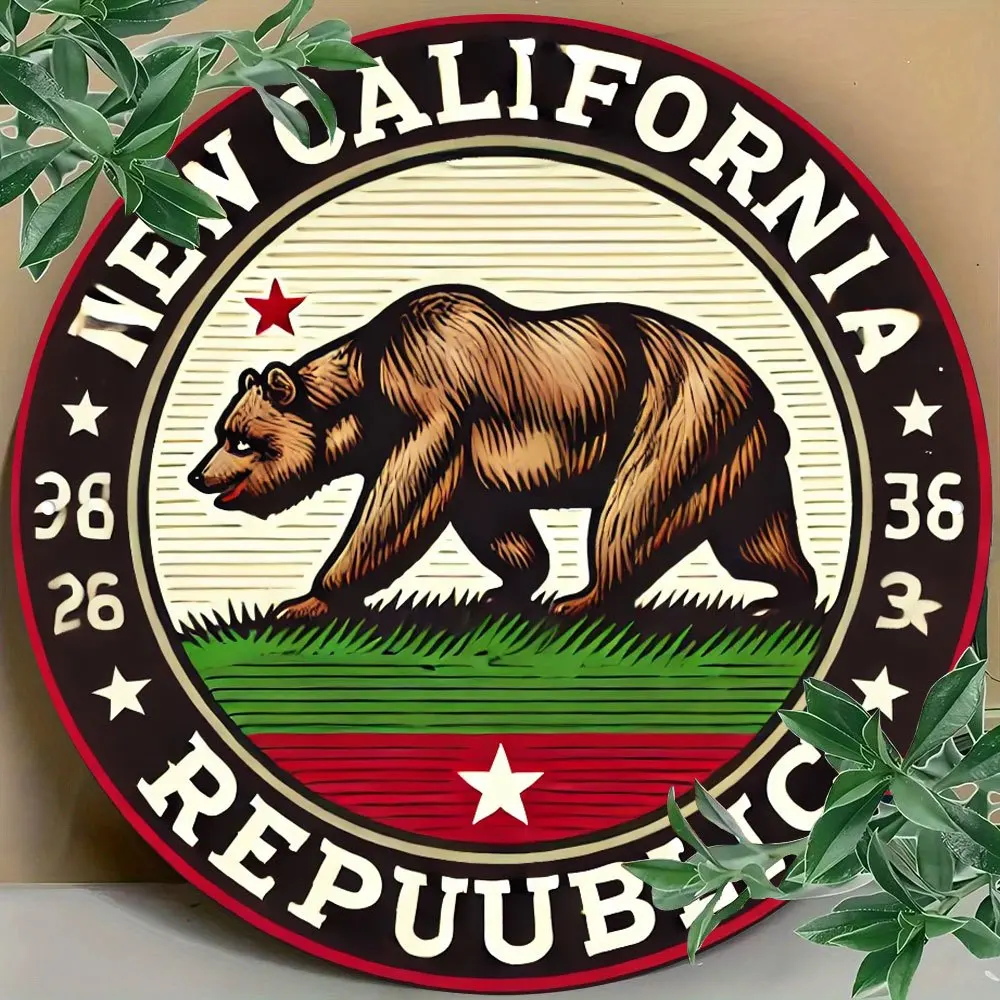 1 Vintage-inspiriertes „New California Republic“-Bärenemblem, rundes Metallschild – 20,3 x 20,3 cm große Aluminium-Wandkunst, perfekt für drinnen und draußen Image