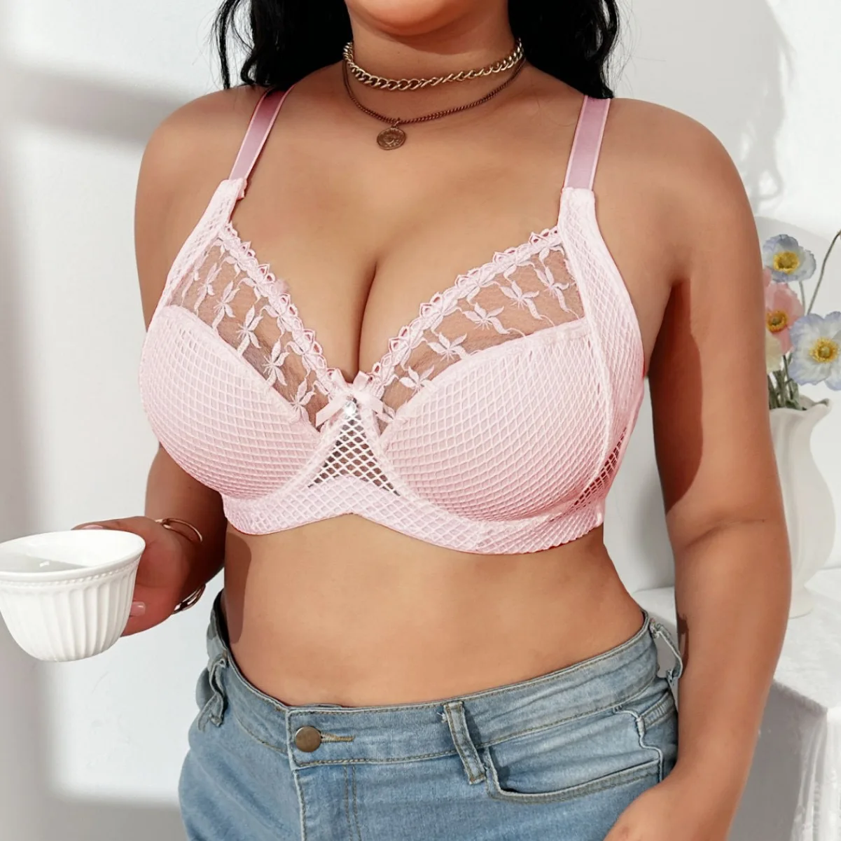 Sexy bestickter Spitzen-BH, reines Verlangen, halbtransparentes Mesh-Bügel-Oberteil, verstellbare Dessous Image