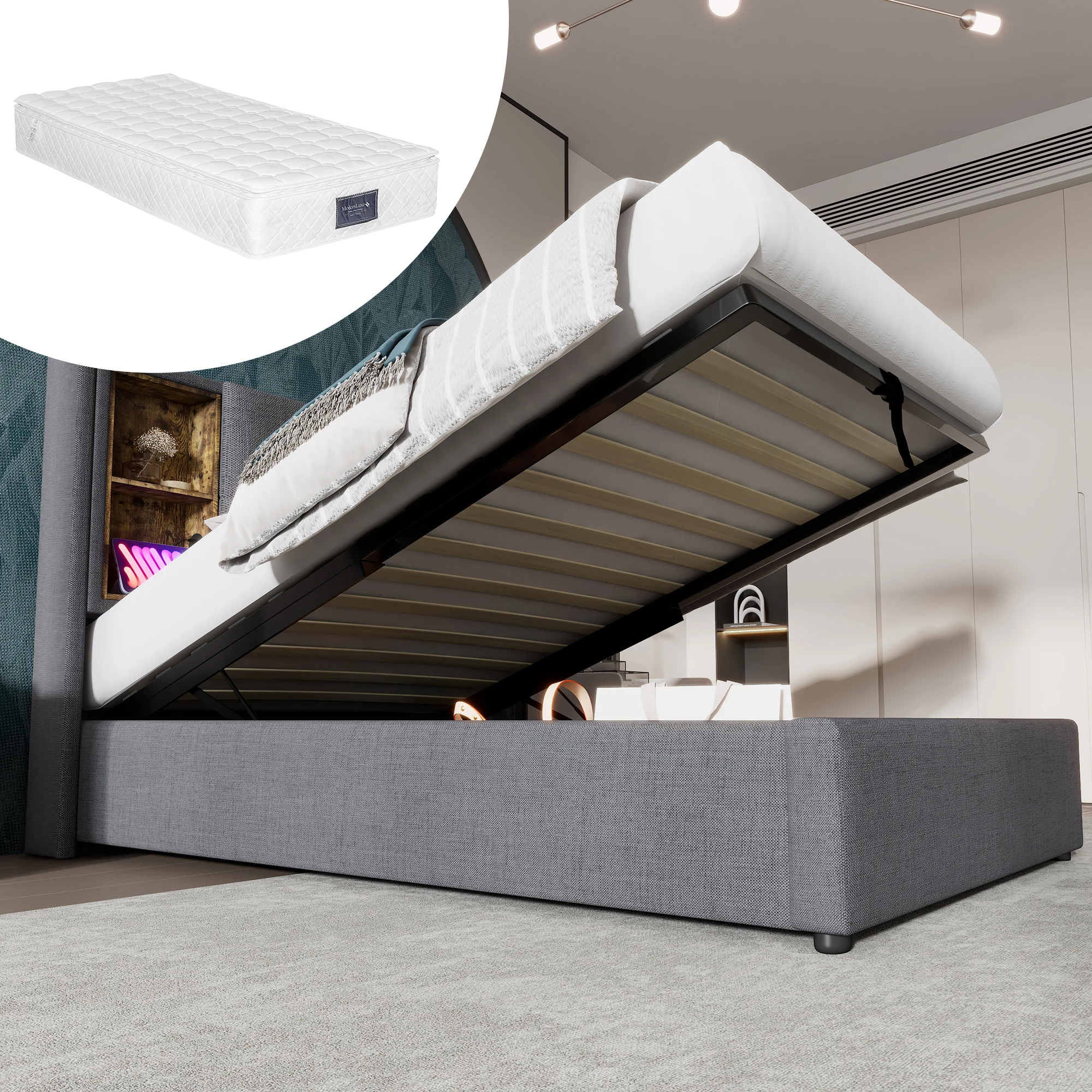 Merax Einzelbett Kabelloses Laden USB C Polsterbett 90x200 Stauraum Lattenrost Holz Grau Baumwolle Mit Matratze