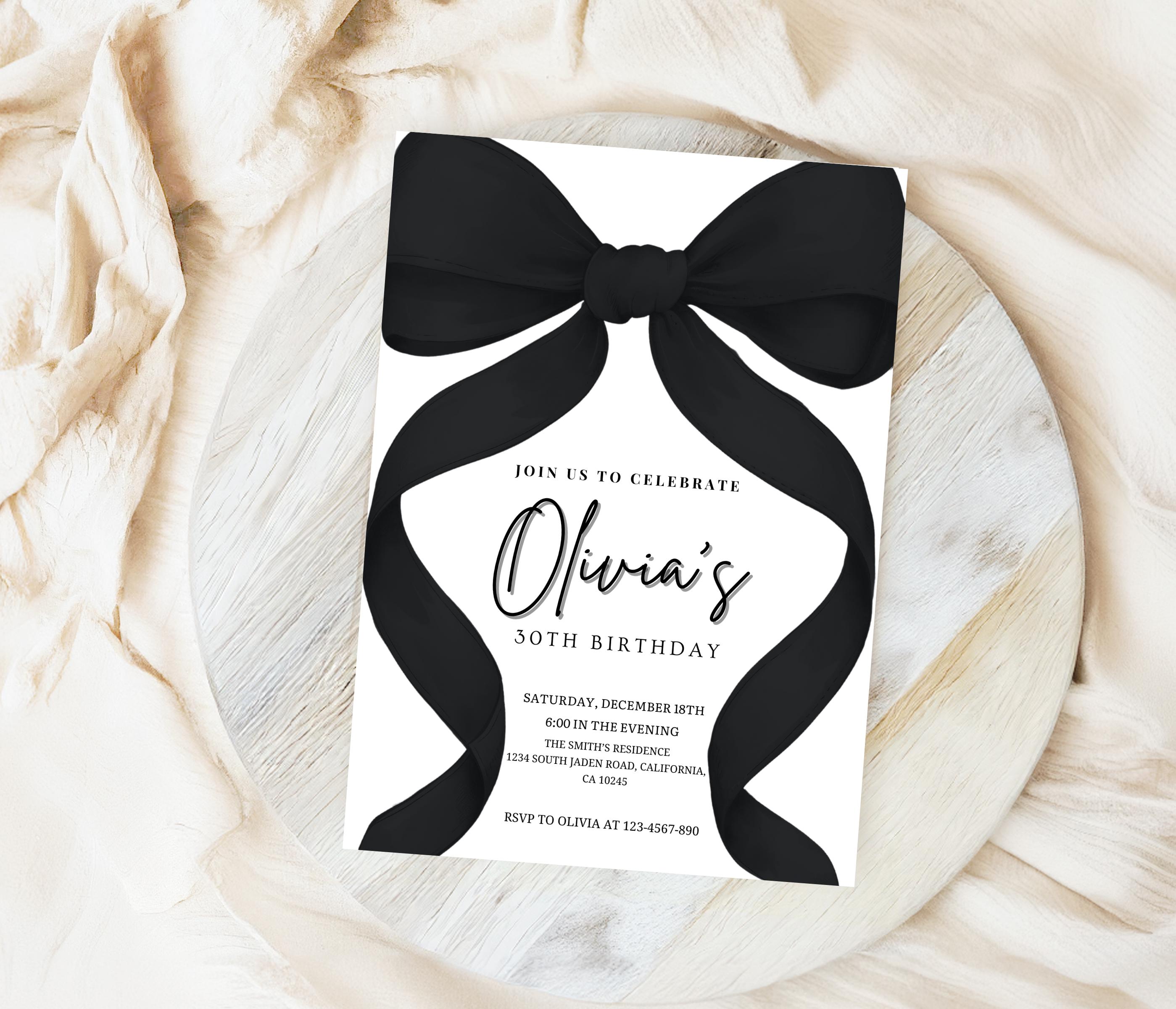 Invito di compleanno modificabile con fiocco nero, invito con fiocco nero Coquette, invito per ragazza di compleanno, invito con fiocco per il 30o com