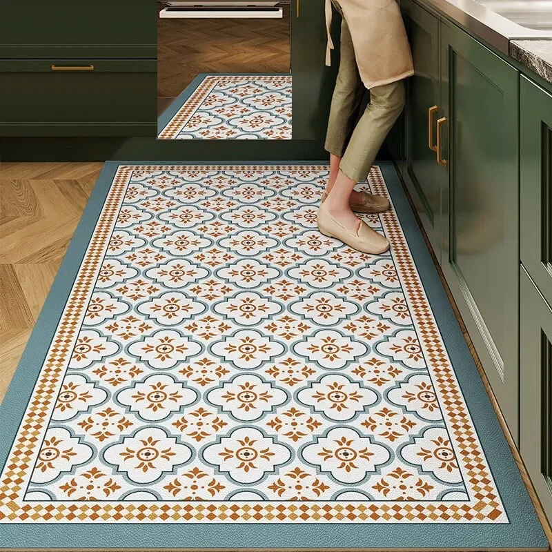 Kitchen Carpet Pvc Waterproof Non-slip Floor Mat Retro American Style Home Decoration Rug Plaid Plant Flower Anti-oil Carpets