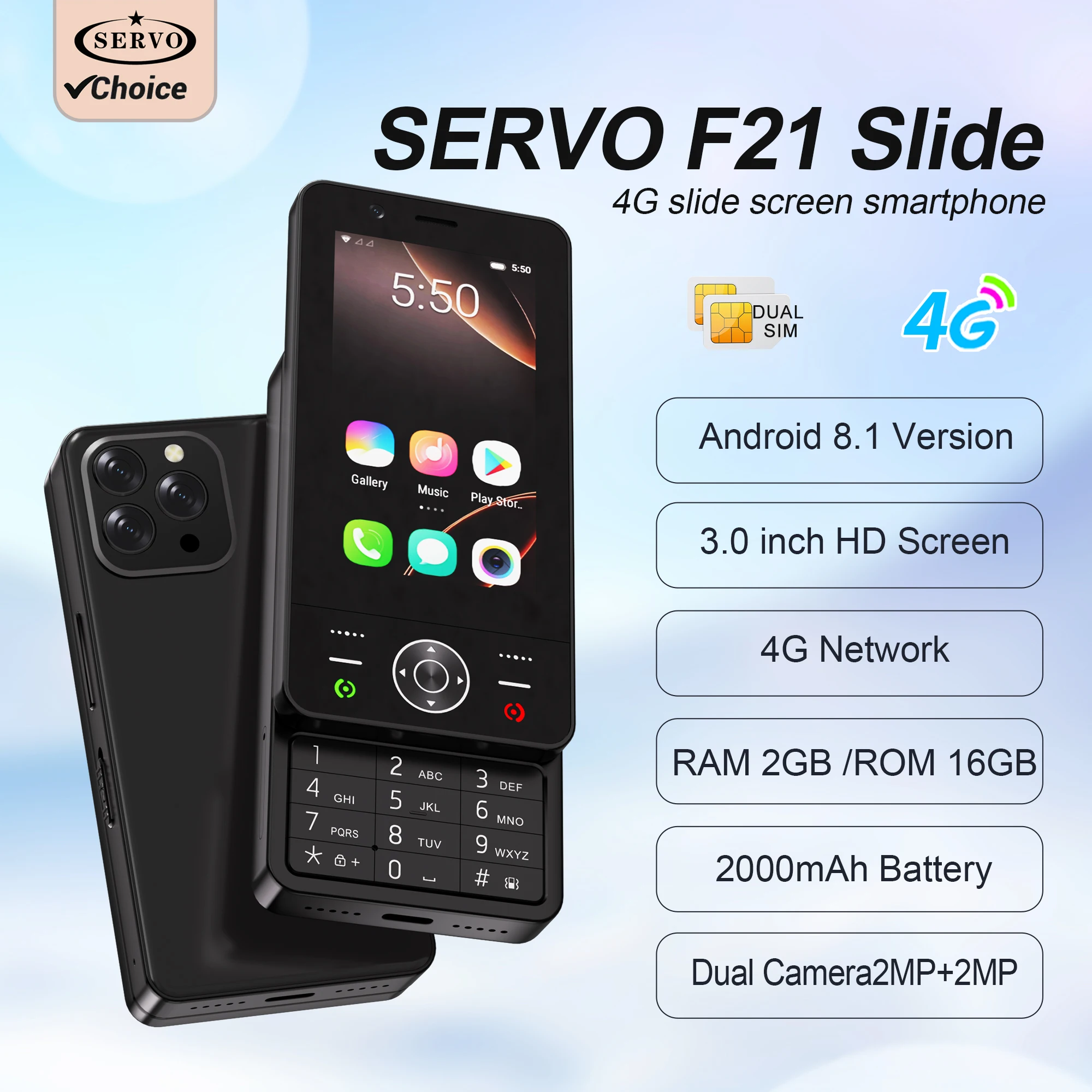 2026 New SERVO 4G Android Slider Smart Phone 2GB+16GB 3.0" HD Screen Sliding Mobile Phones GPS Dual Cameras 2000mAh Smartphones
