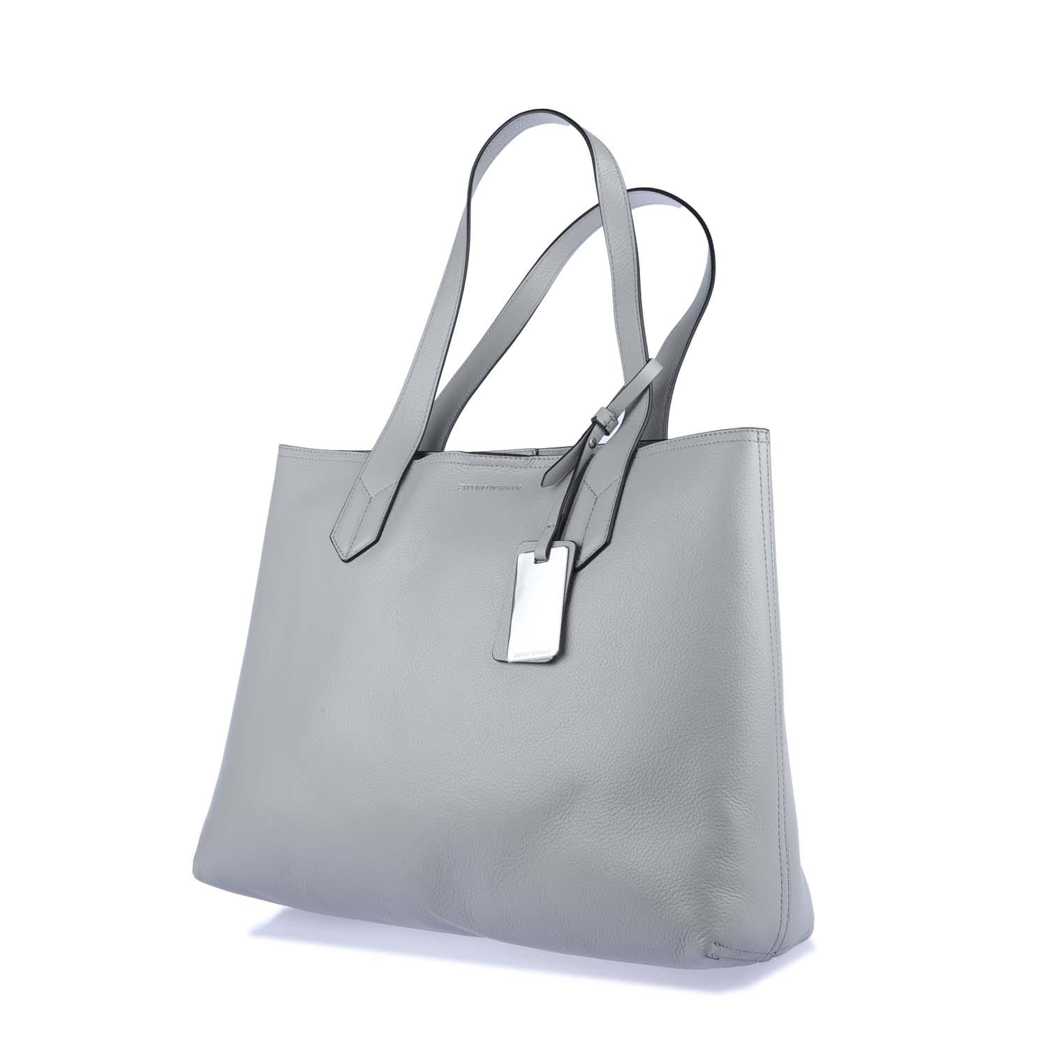 Emporio Armani Unisex Leather Shopper Bag in Grey Cowhide - One Size | Emporio Armani Sale | Discount Designer Brands