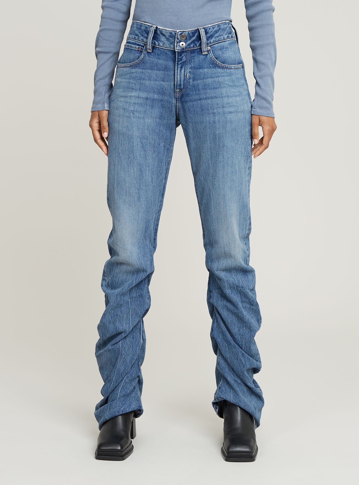 5-Pocket-Jeans G-STAR "G-Staq Low Bootcut Jeans", Damen, Gr. 28, Länge 30, faded sea point blau, Obermaterial: 25% Baumwolle, Jeans 5-Pocket-Jeans
