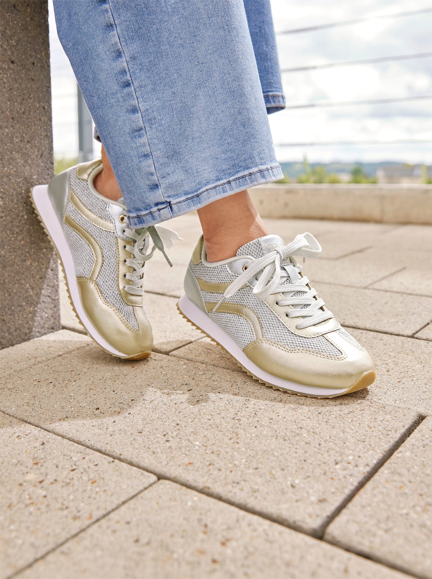 Sneaker HEINE, Damen, Gr. 38, weiß, goldfarben, Synthetik, Textil, Schuhe Sneaker