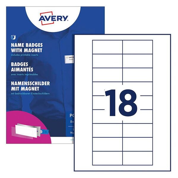 Avery Zweckform Namensschilder mit Magnet 70,0/30,0 mm 5 Stück, 7x3 cm Image