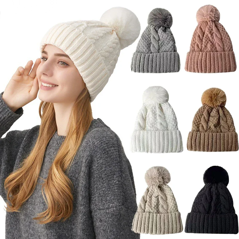 Winter Twist Stricken Hüte Warme Pelz Bommel Dicke Plüsch Kappe Beanies Solide Damen Vielseitig Ski Schnee Skullies Beanies Samt Hut Image